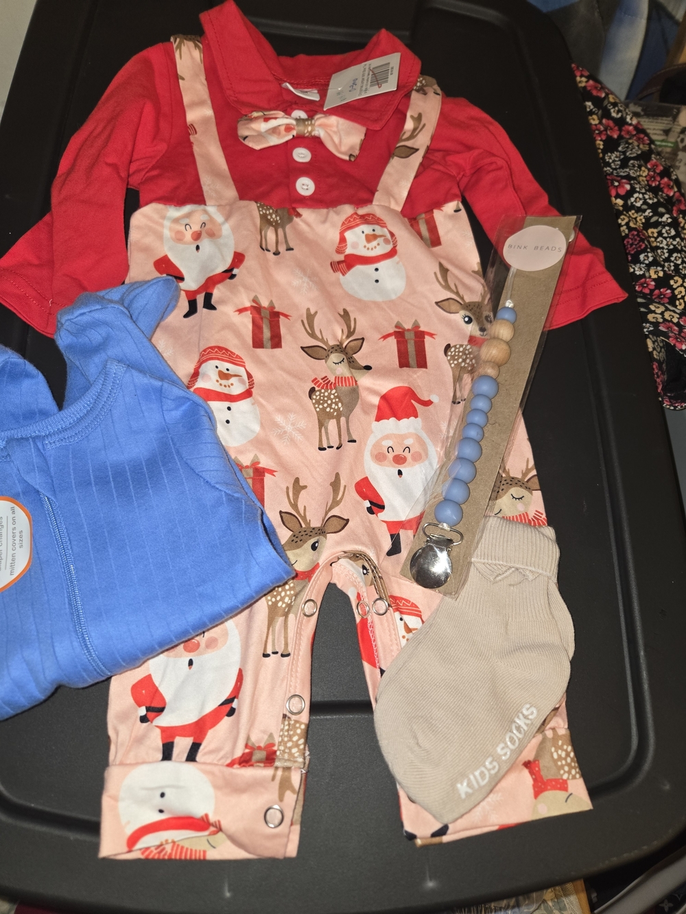 4 Pc Red Long-Sleeve Santa & Reindeer Print One-Piece & sleeper